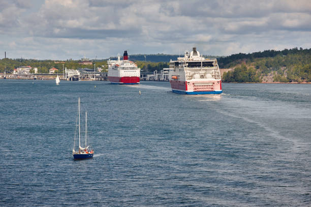 Cruise vessels and sailboat on the baltic sea. Aland islands